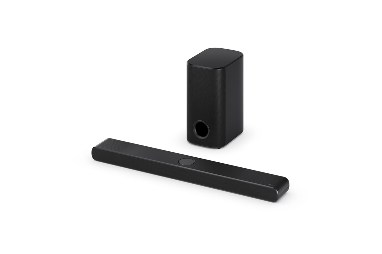 Angled view of LG Soundbar US70TR, subwoofer, and Rear Speakers