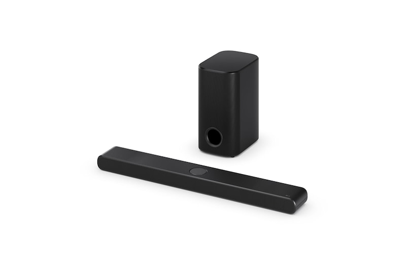 Angled view of LG Soundbar US70TR, subwoofer, and Rear Speakers