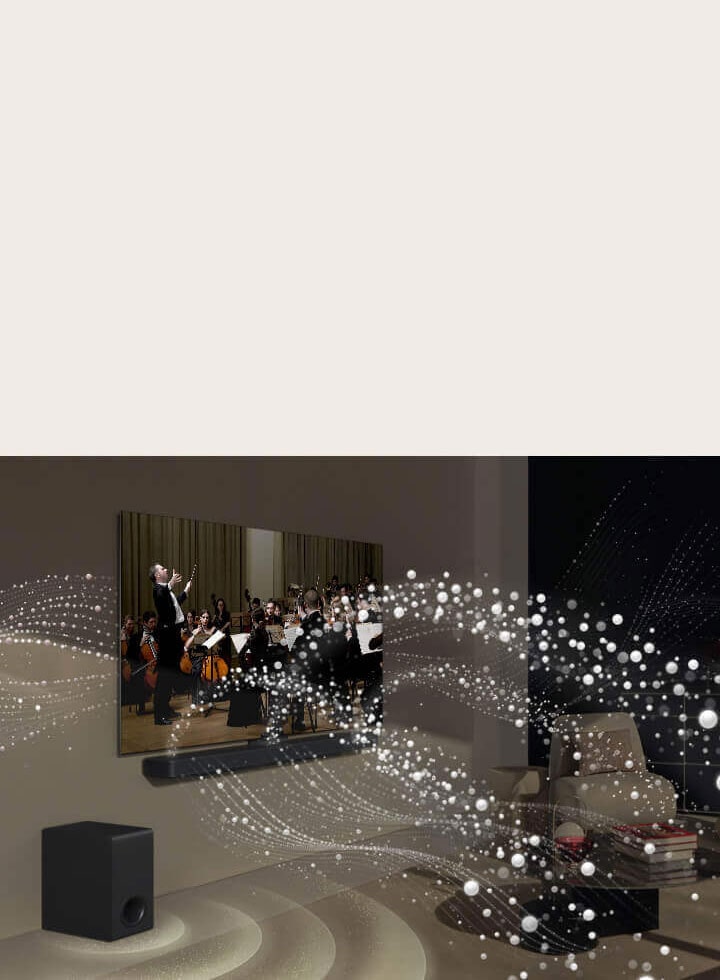 LG Soundbar, LG TV and a subwoofer are in a living room playing a musical performance. White droplets make waves of sound that shoot upwards and forward from the soundbar and project from the TV. A subwoofer is creating a sound effect from the bottom.