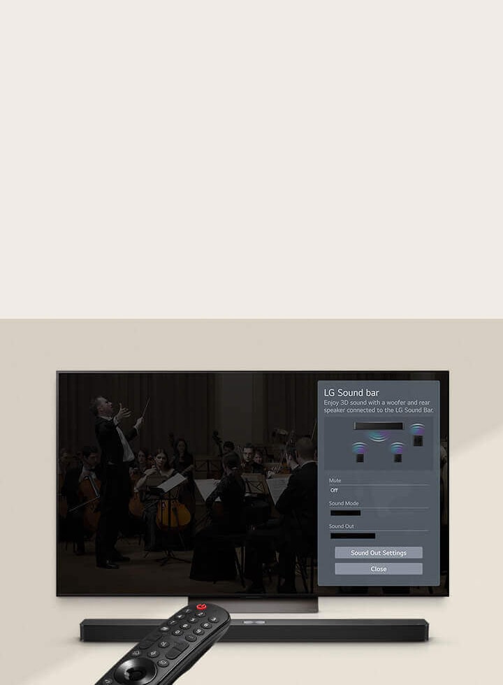 LG Remote is pointing towards a LG TV with LG Soundbar underneath. LG TV is showing the WOW Interface menu on the screen.