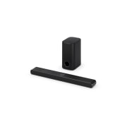 Angled view of LG Soundbar US70TR, subwoofer, and Rear Speakers