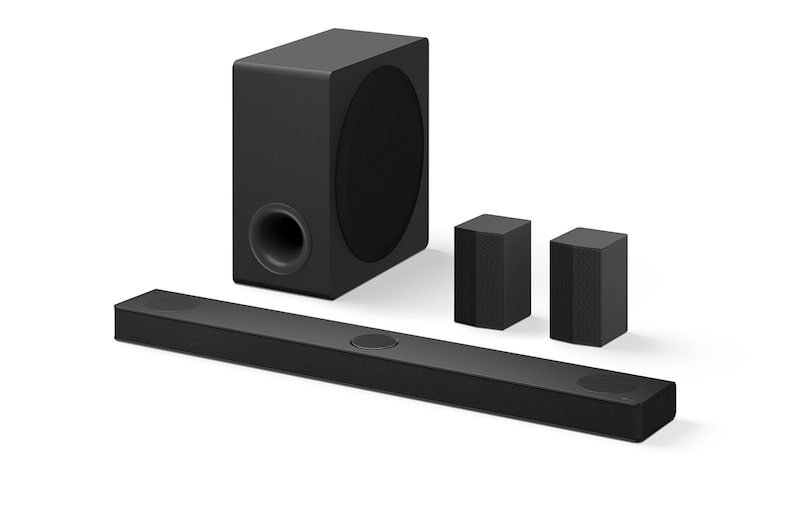 Angled view of LG Soundbar S80TR and subwoofer