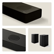 3 individual shots of the US80TR soundbar and speaker