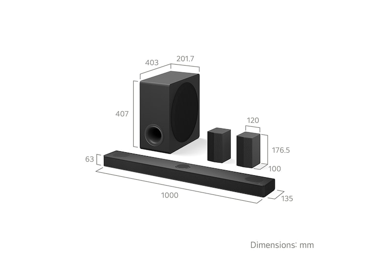 Angled view of LG Soundbar S80TR and subwoofer and dimension information including depth width and height