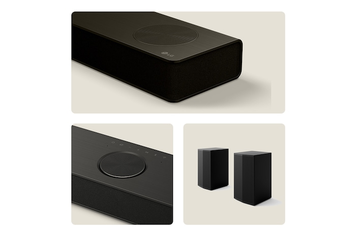 3 individual shots of the US80TR soundbar and speaker