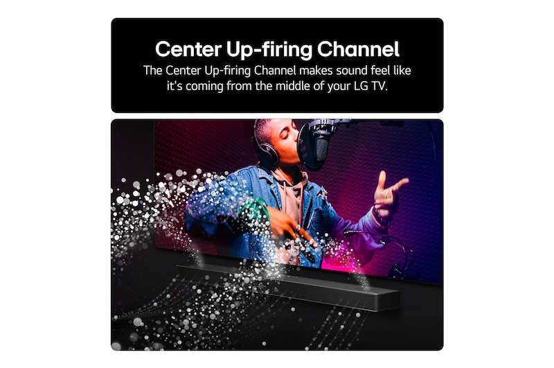 LG Soundbar US80TR Feature card - Centre up-firing channel makes sound feel centre stage
