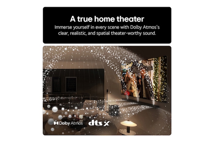 LG Soundbar US80TR Feature card - Immerse yourself in every scene with Dolby Atmos's clear realistic and spatial theatre sound