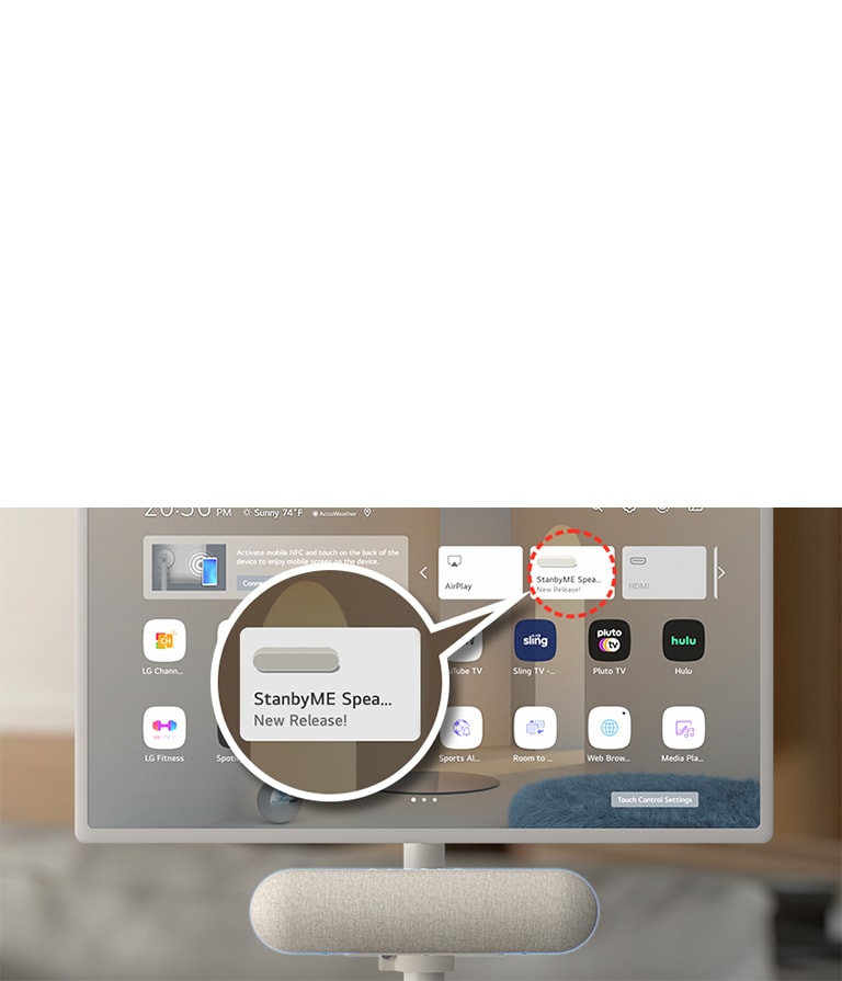 Close-up of the LG StanbyME screen. The XT7S speaker is attached at the bottom. The screen shows a home screen with the speaker's exclusive widget highlighted. To highlight the app, an enlarged image of the StanbyME speaker widget is also shown.
