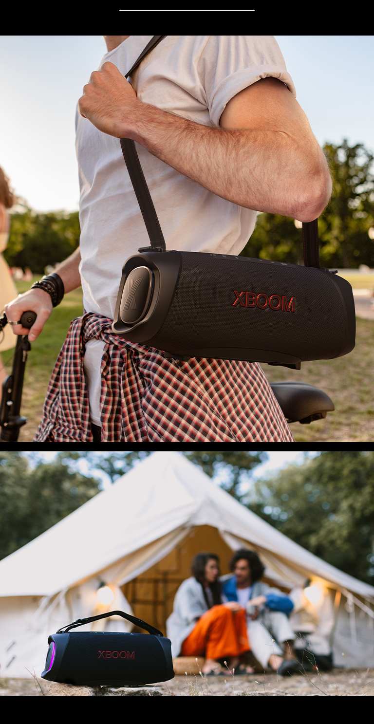On the left, a man uses shoulder strap to carry XG8T at the park. On the right, XG8T is placed on the rock. Behind the speaker a couple enjoying their time at the campsite.