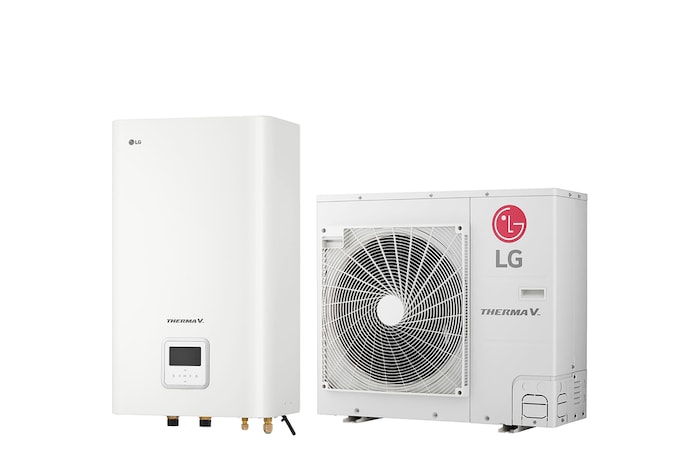 45 degree right side view of a white rectangular indoor unit and an outdoor unit with two round fans displayed side by side.