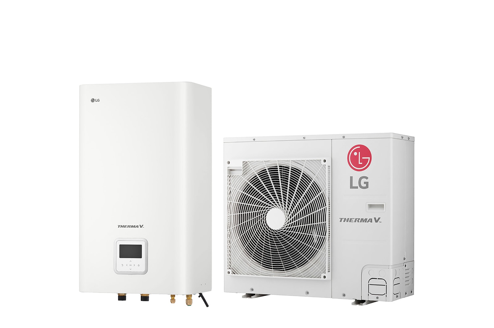 45 degree right side view of a white rectangular indoor unit and an outdoor unit with two round fans displayed side by side.