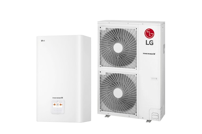 45 degree right side view of a white rectangular indoor unit and an outdoor unit with two round fans displayed side by side.