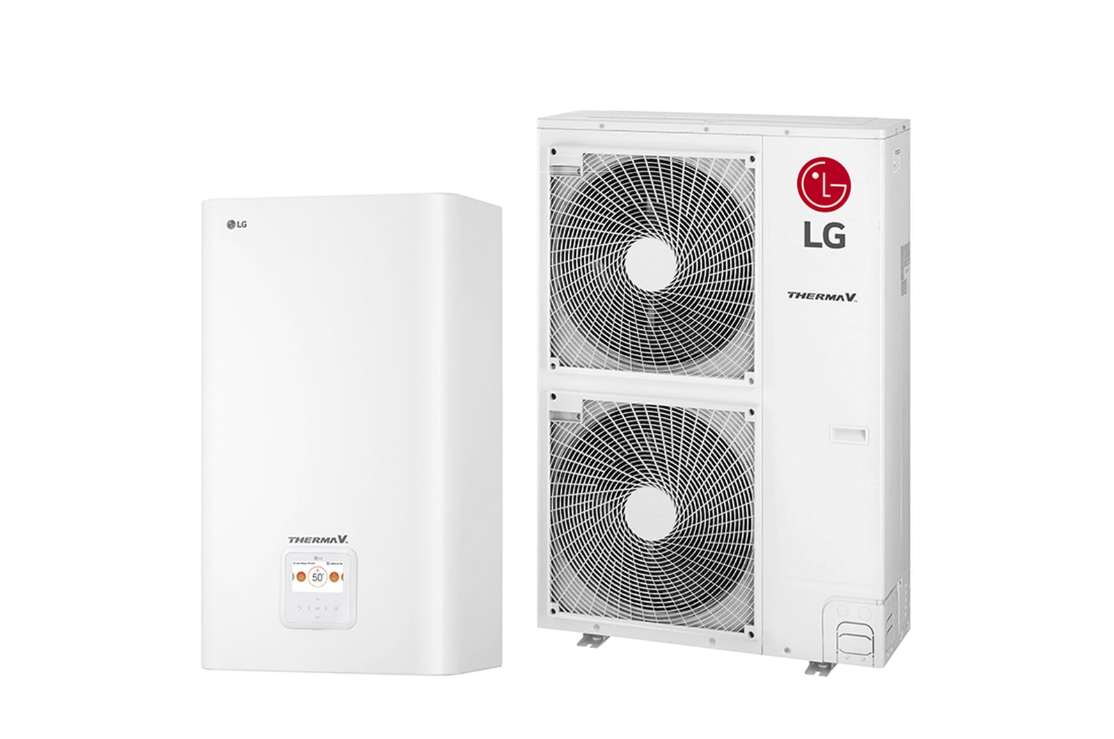 45 degree right side view of a white rectangular indoor unit and an outdoor unit with two round fans displayed side by side.