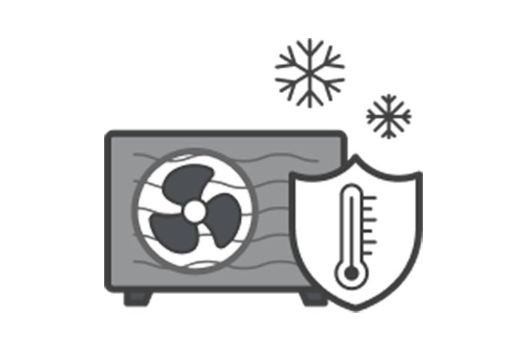 On display is the grey outdoor unit icon containing a fan and wavy grille while a thermometer inside a shield badge on the right side indicates high temperature with two snowflakes on the top.