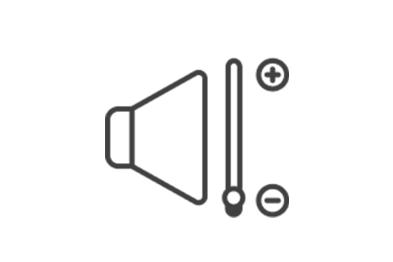 A white speaker with a volume adjuster line on the right side with a + sign on the top and a - sign on the bottom. The adjuster button is on the bottom indicating low noise.