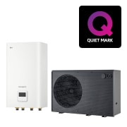 LG Air to Water Heat Pump THERMA V, black-colored outdoor unit designed with grey wavey grill