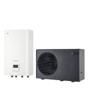 LG Air to Water Heat Pump THERMA V, black-colored outdoor unit designed with grey wavey grill