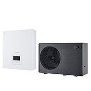 LG Air to Water Heat Pump THERMA V, black-colored outdoor unit designed with grey wavey grill	
