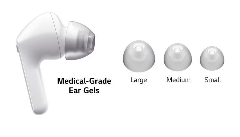 Image of white earbuds and a set of 3 size eargels: Large, Medium and Small.