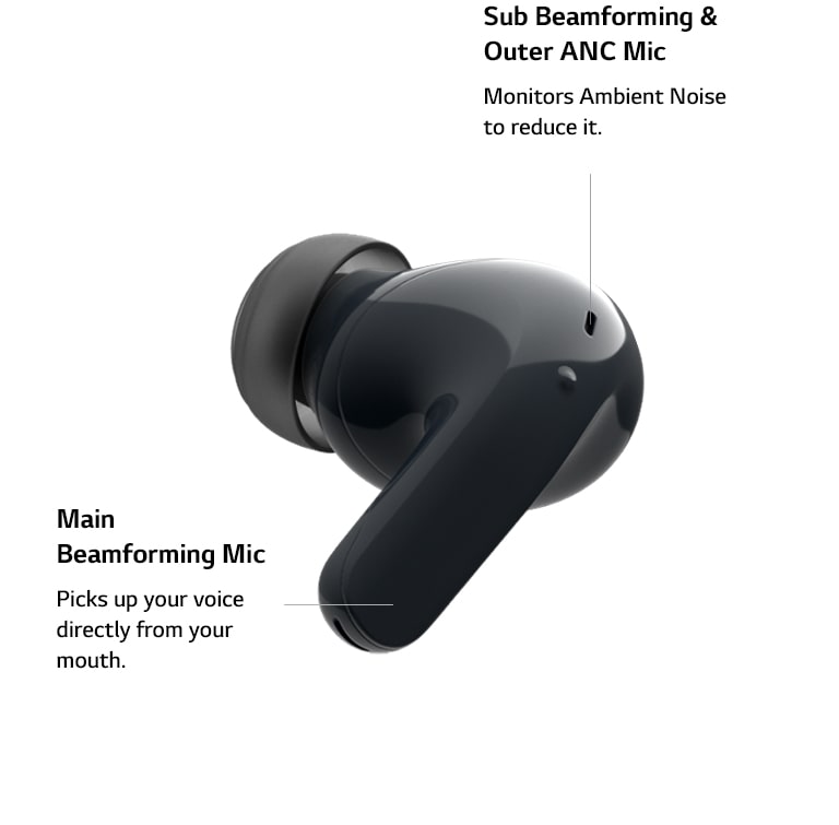 An earbud is floating and rotating to show where the 2 microphones are placed.