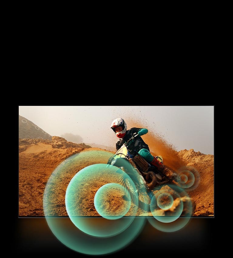 An image of a man riding a motorbike on a dirt track with bright circle graphics around the motorbike.