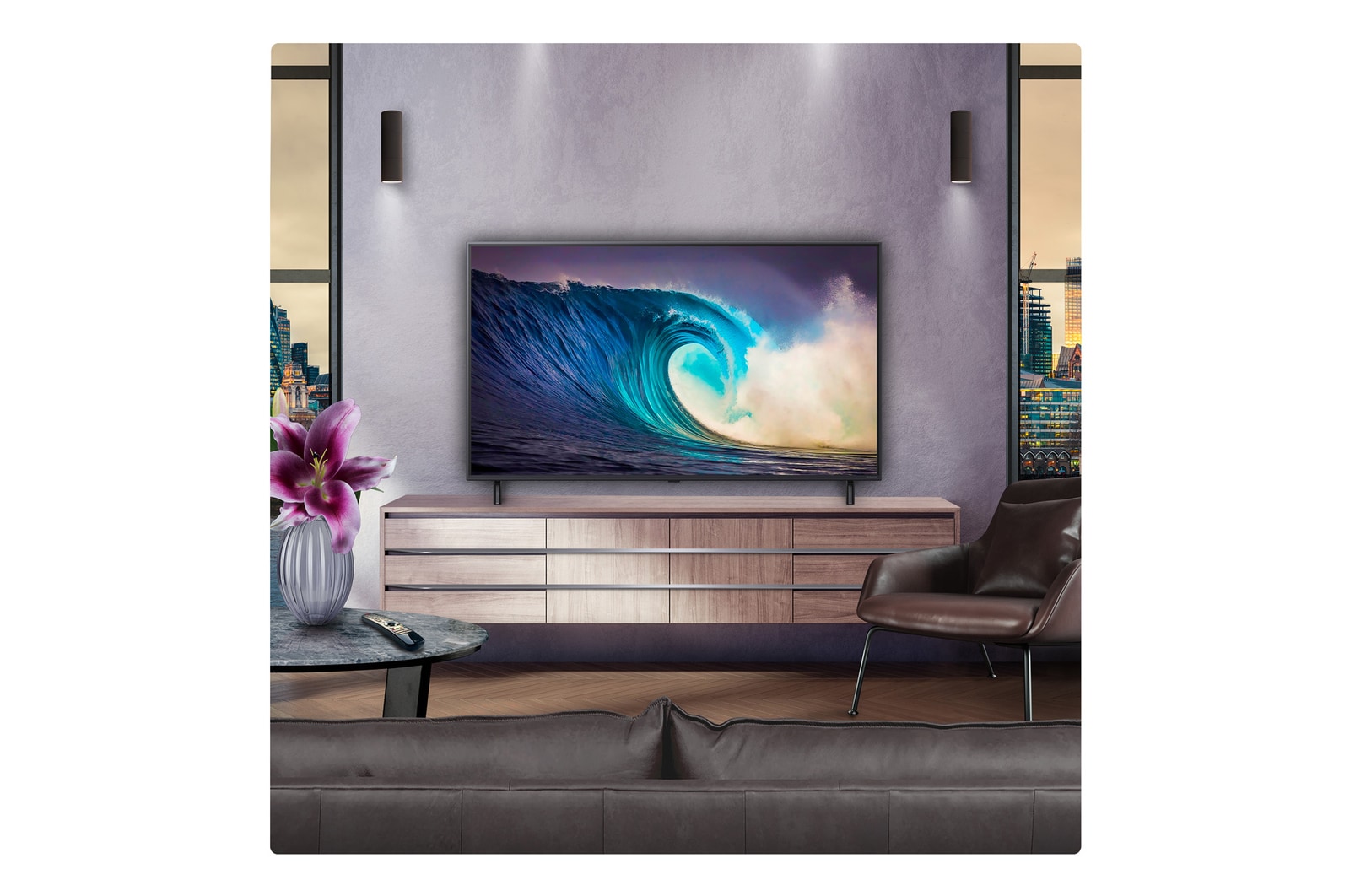 Before and after comparison of how LG 4K Super Upscaling improves image quality. Two panels showing the same image of a colourful bird sitting on a branch in a forest, panel on the right is faded out. The title talks about how 4K Super Upscaling enhances resolution, brightness and clarity.