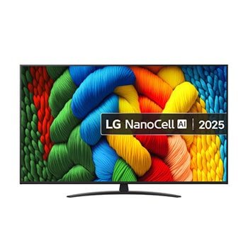 Front view of 65 inch LG NanoCell AI NANO81 4K Smart TV 2025 65NANO81A6A