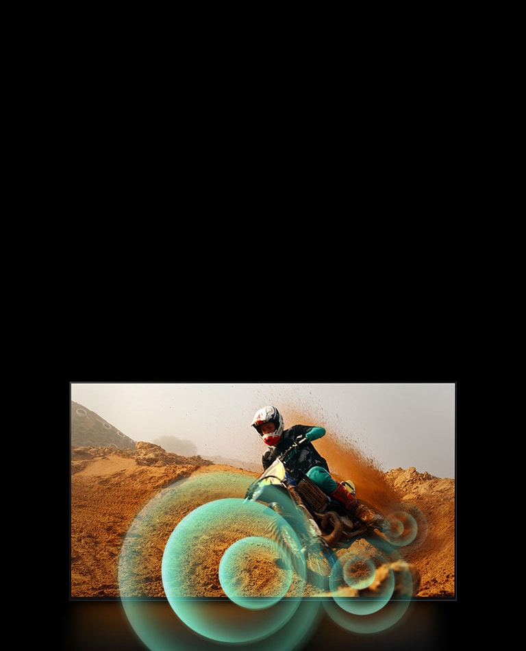 A man riding a motorbike on a dirt track with bright circle graphics around the motorbike.
