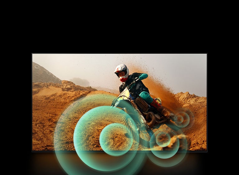 An image of a man riding a motorbike on a dirt track with bright circle graphics around the motorbike.