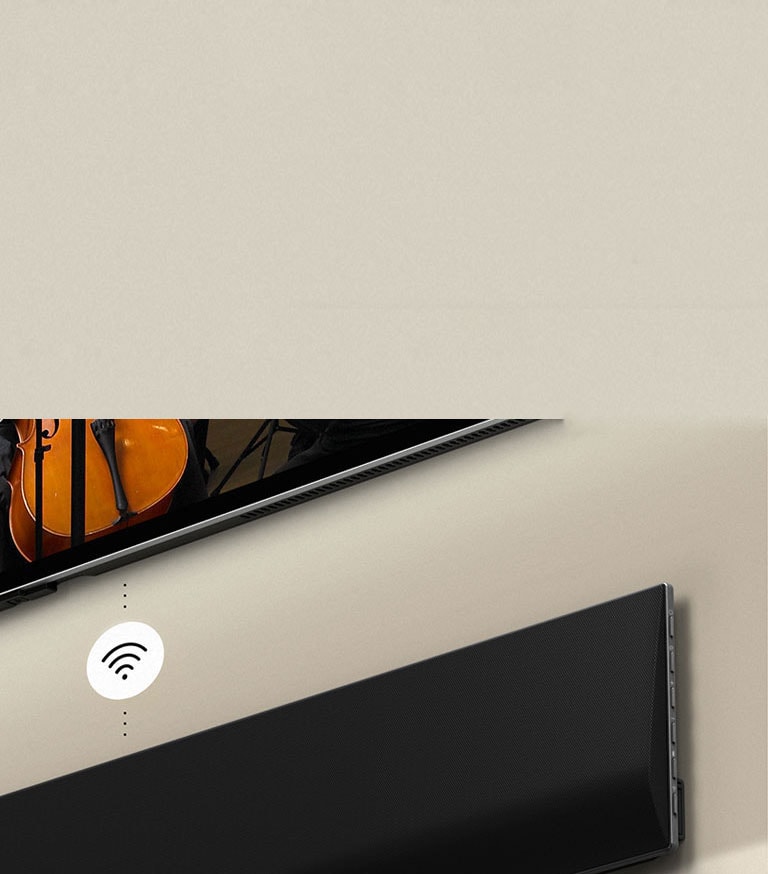 An image of an LG OLED TV and soundbar mounted on the wall with a white Wi-Fi symbol graphic in the middle.