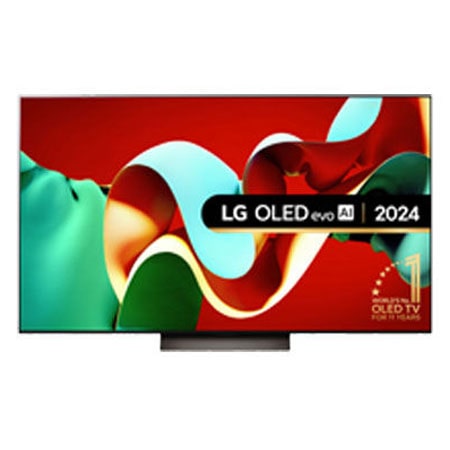 Front view of LG OLED evo OLED65C43LA TV with world’s number 1 OLED TV for 11 years emblem written in gold