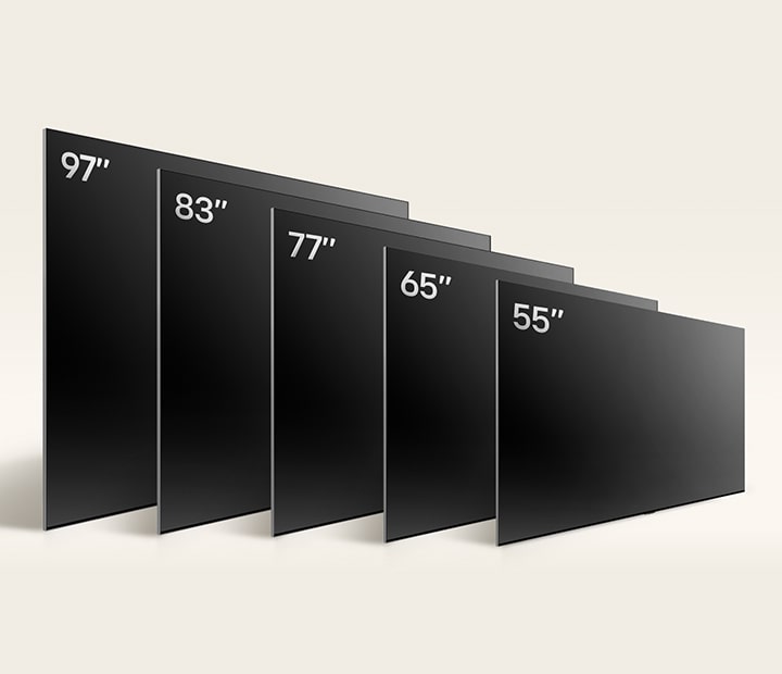 Comparing LG OLED G4's varying sizes, showing 55", 65", 77", 83", and 97".