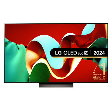 Front view of LG OLED evo OLED77C43LA TV with world’s number 1 OLED TV for 11 years emblem written in gold