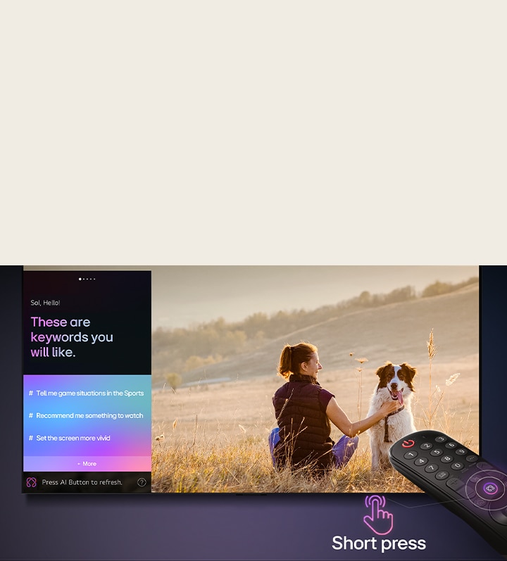LG AI Magic Remote in front of an LG TV screen. On the screen is a personalise greeting from the LG AI with custom keywords based on the user's search and watch history. By the remote is an icon and label showing that the AI Concierge functionality is easily accessible with one short press on the AI button.