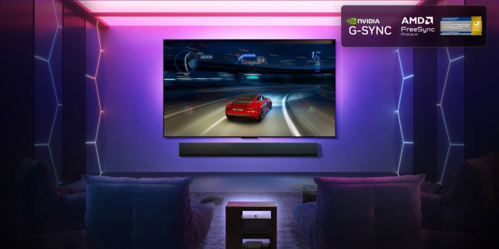 LG OLED M5 TV with a game being played on its screen showcasing the smooth and seamless gameplay. Zero Connect Box is seen, but blends well with the space. Nvidia G-Sync logo, AMD FreeSync Premium logo and Intertek certification for 0.1ms response time are seen. Gaming certifications are visible.