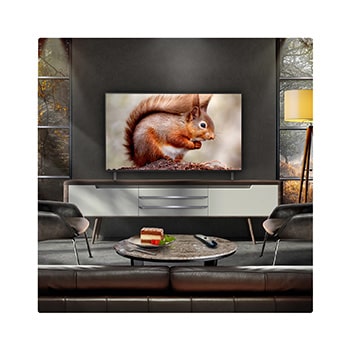 Leopard in the forest in vivid color and detail. The leopard has a grid and a light glowing behind it, indicating how LG AI Picture Pro made impressive visual enhancements to the scene's resolution, brightness, depth, and clarity.