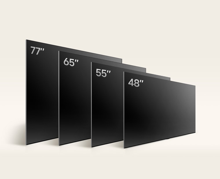 Comparing LG OLED B4's varying sizes, showing 48", 55", 65", and 77".