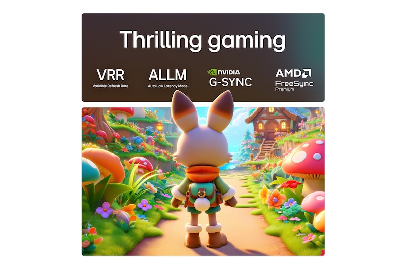 LG AI Magic Remote in front of an LG TV screen. On the screen is a personalized greeting from the LG AI with custom keywords based on the user's search and watch history. By the remote is an icon and label showing that the AI Concierge functionality is easily accessible with one short press on the AI button.