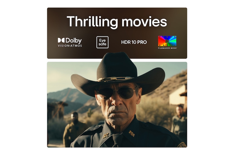 Close-up of an LG OLED TV screen showing how AI Search works. A small chat window is open showing how the user asked for what sports games are available. AI search responded via chat and by showing thumbnails of available content. There is also a prompt to ask Microsoft Copilot.