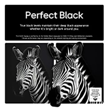 Living room space with a wall-mounted LG OLED TV. On the TV is a mountain range against a dark evening sky filled with stars. This scene is split in half to show how Perfect Black delivers true black levels whether it's bright or dark around you. One side of the scene shows a duller, grayer version of the landscape labeled, Matte display. On the other side is a more pleasing picture with a larger