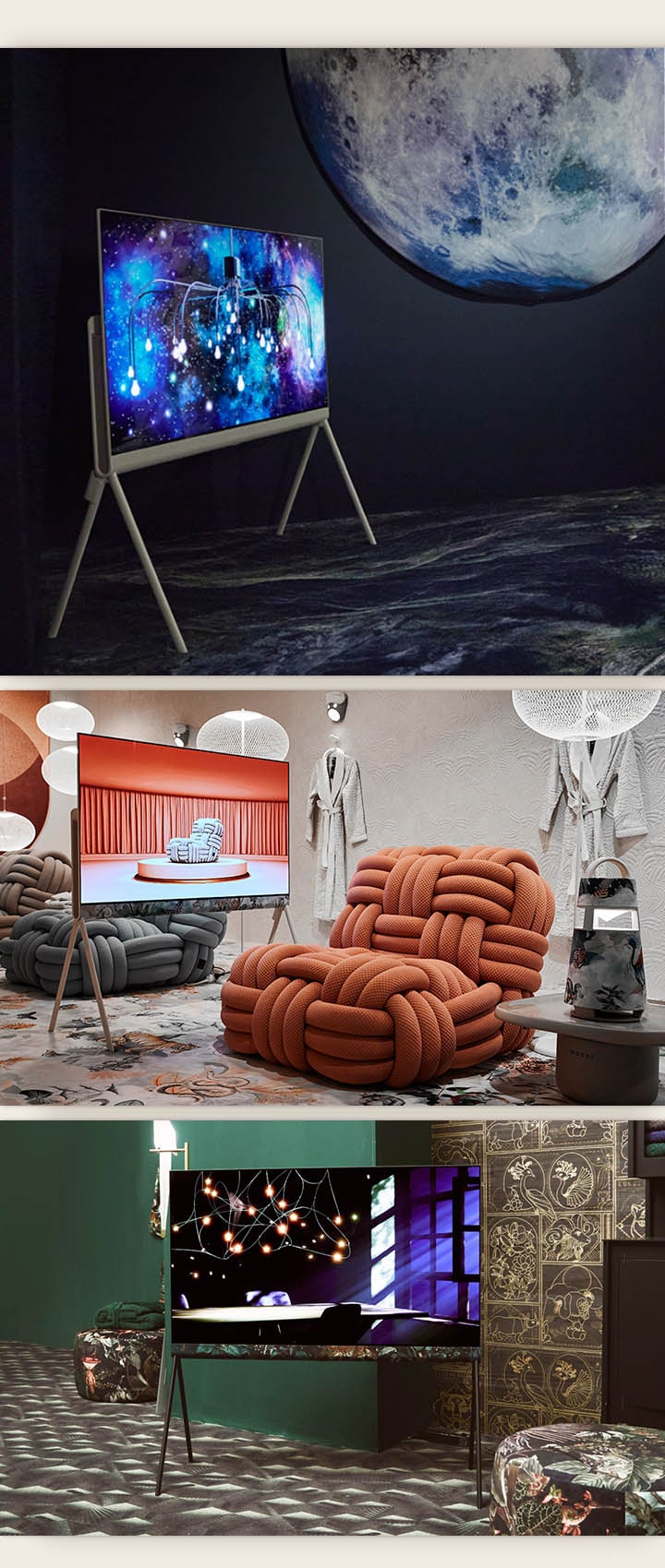 LG OLED Posé is in a black space-themed room with an abstract intergalactic artwork on display. The room also has a picture of a moon and an astronaut. LG OLED Posé is in a cream room with hints of colours. The room has terracotta and charcoal-coloured chunky woven sofa chairs, white ball-shaped light fixtures, and bathing robes hanging on the wall. The TV shows an image of the same charcoal sofa chair on a platform in a terracotta-coloured room. LG OLED Posé is in an opulent emerald green room. The TV shows light casting over a table through windowpanes on the screen. The room also features black and gold ornate tiles and black floral patterned textile stools.