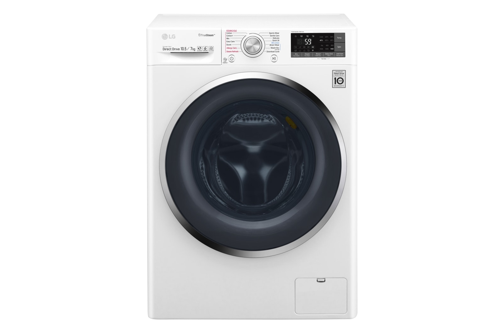 Front view of LG F4J8JH2WD 10.5/7Kg 1400 Spin Washer Dryer - White F4J8JH2WD