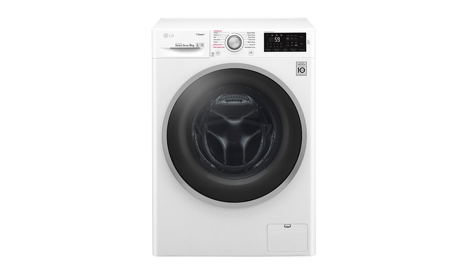Front view of LG Steam™ F4J6VY1W 9Kg 1400 Spin Washing Machine - White F4J6VY1W