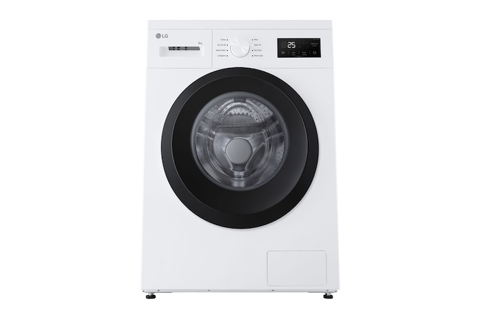 Image of a smiling woman holding a white towel while kneeling in front of a washing machine in a living room. Text: 'Pre Wash': Pre Wash takes on deep-seated dirt, leaving your clothes refreshingly clean.