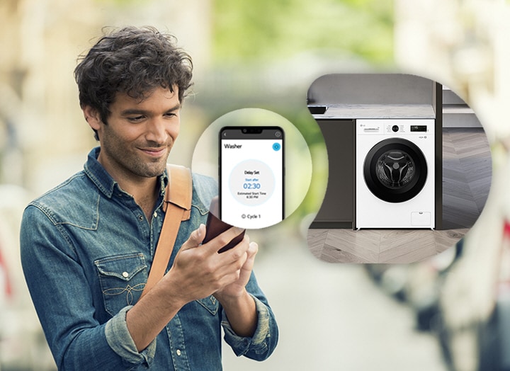 A man remotely controlling the LG washing machine through a ThinQ app