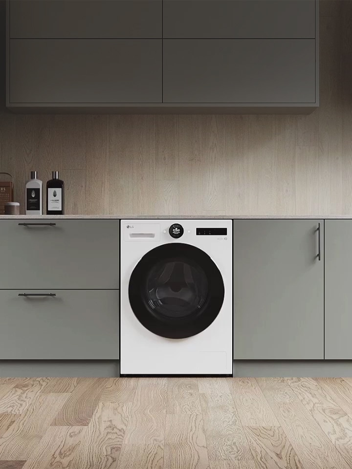 The washing machine is zoomed in. The screen changes and the side of the panel appears, showing three colors: white, light gray, and dark gray.