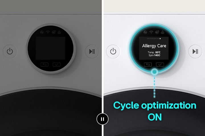 After the Cycle optimization function is turned off, the power is turned on and the laundry function course moves on one after another. After stopping at the Allergy Care screen, Cycle optimization turns on and an option is automatically set in the Allergy Care course.