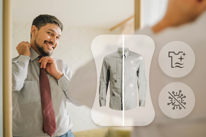 The man stands in front of the mirror and smiles at the clothes he is wearing. On the side, an icon that spreads wrinkles and an icon that blocks ticks are shown together with an image before and after washing.