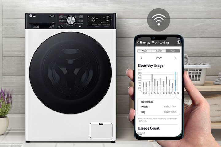 A washer sits in a laundry room. A hand holding a phone shows the screen to the camera and the screen displays the maintenance information and energy usage with a WiFi symbol above the screen.