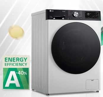 The A-40% high efficiency energy rating label and the energy rating graph are displayed next to the washing machine. Behind the washing machine, the green arrow appears in the upward direction.